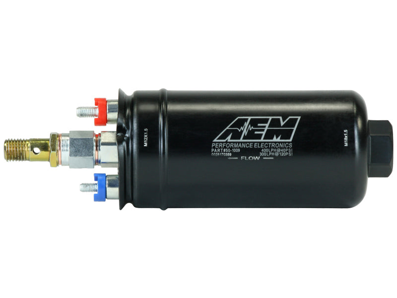 AEM 400LPH High Pressure Inline Fuel Pump - M18x1.5 Female Inlet to M12x1.5 Male Outlet — Photo - Primary