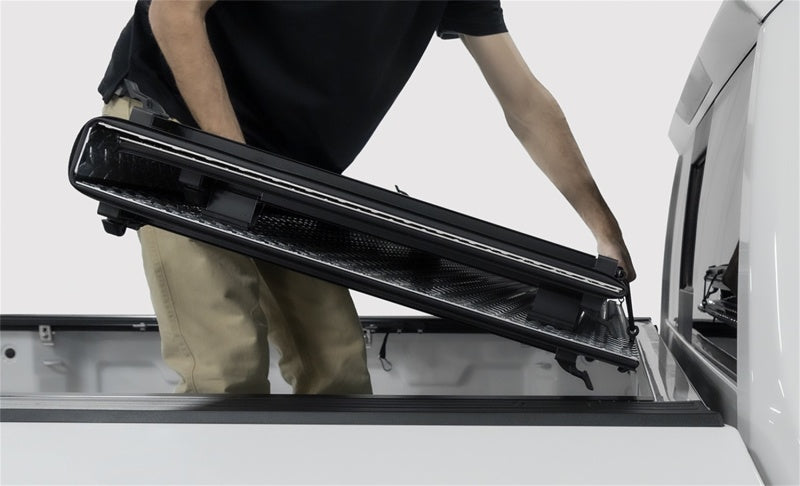 Access LOMAX Tri-Fold Cover 16-20 Toyota Tacoma 6in Box Split Rail - Black Urethane — Photo - Mounted