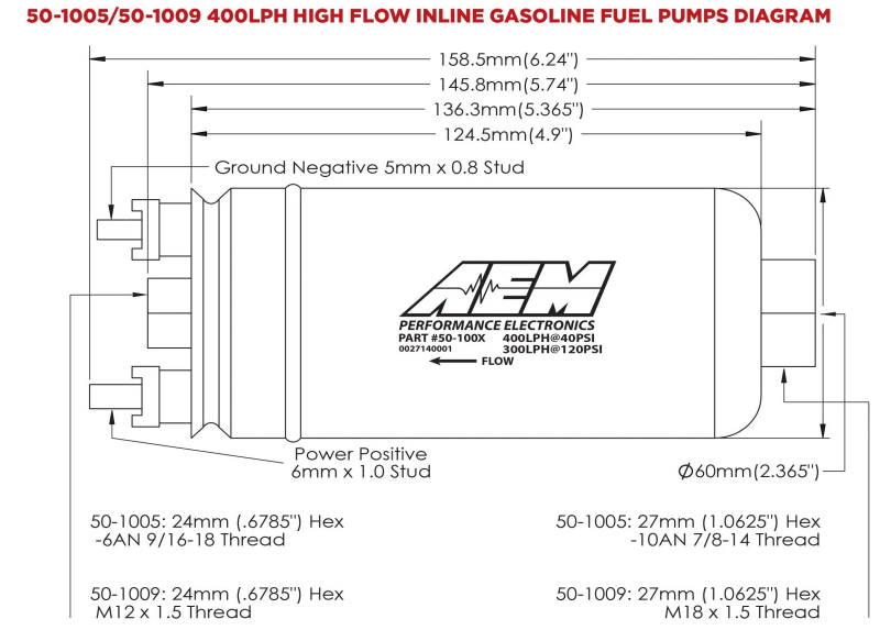 AEM 400LPH High Pressure Fuel Pump -6AN Female Out, -10AN Female In — Photo - out of package