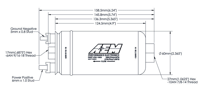 AEM 400LPH High Pressure Fuel Pump -6AN Female Out, -10AN Female In — Technical Drawing