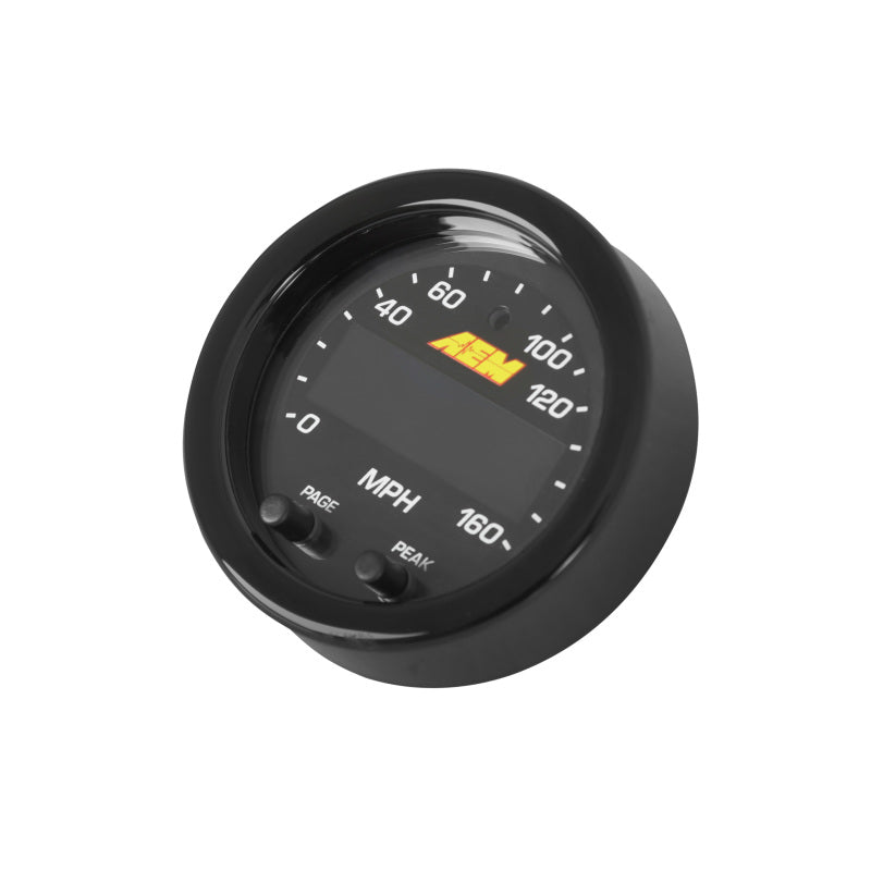 AEM X-Series 0-160 MPH Black Bezel w/ Black Face GPS Speedometer Gauge — Photo - out of package