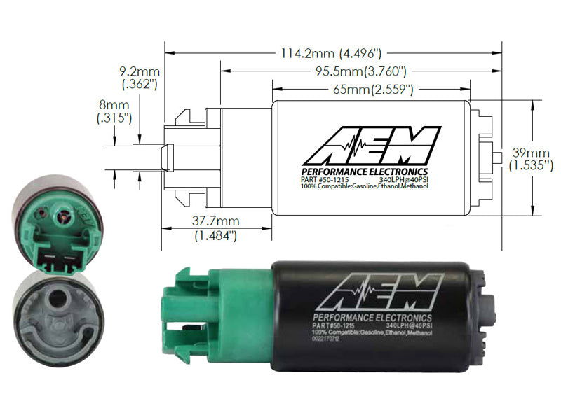 AEM 340LPH 65mm Fuel Pump Kit w/ Mounting Hooks - Ethanol Compatible — Technical Drawing