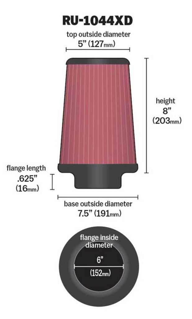 K&N Universal Clamp-On Air Filter 6in FLG / 7-1/2in B / 5in T / 8in H