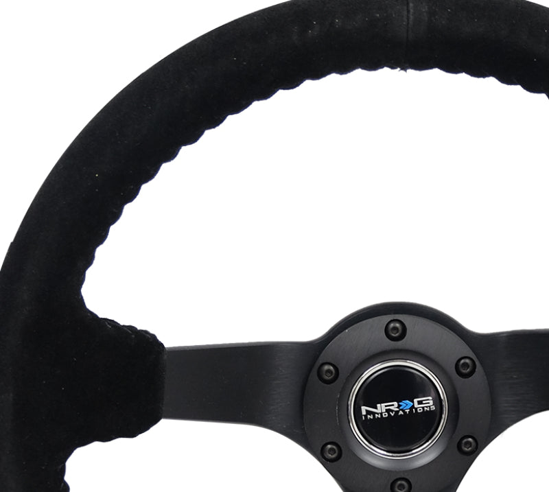 NRG Reinforced Steering Wheel (350mm / 3in. Deep) Blk Suede/Blk Bball Stitch w/5mm Matte Black Spoke