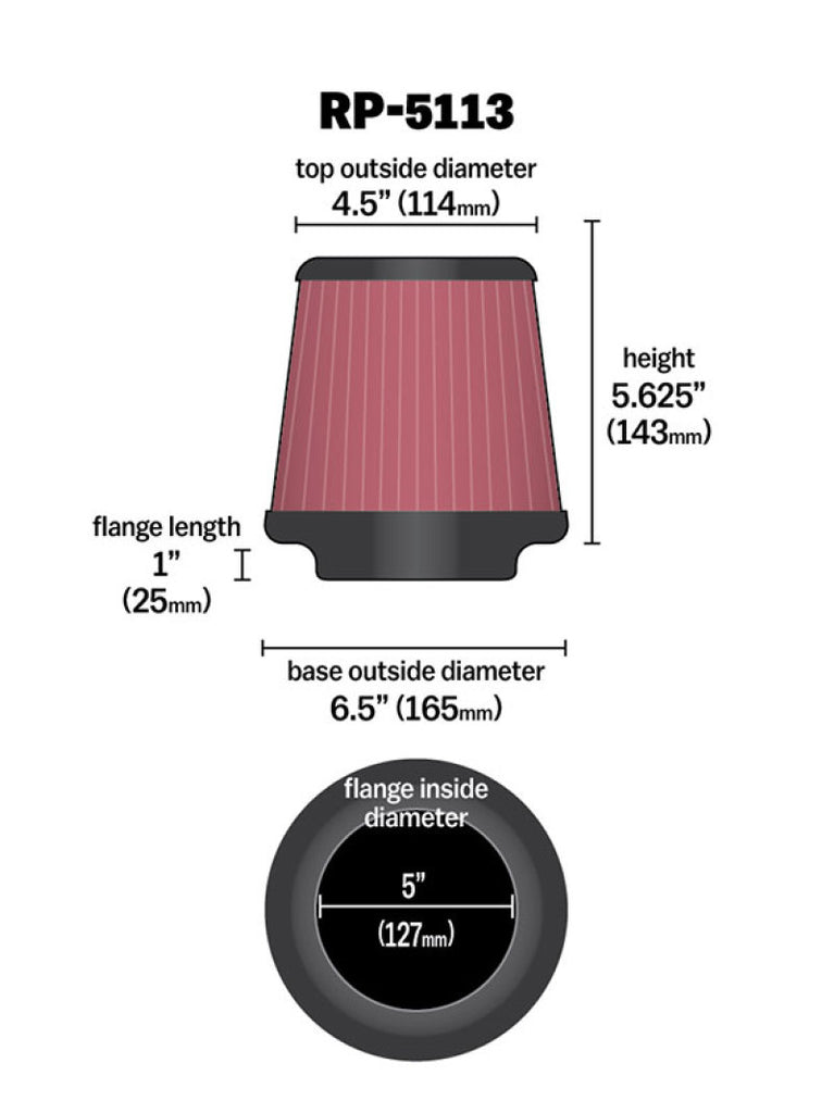 K&N Cone Filter 5in ID 6.5in base 4.5in top 5.625in height carbon fiber look